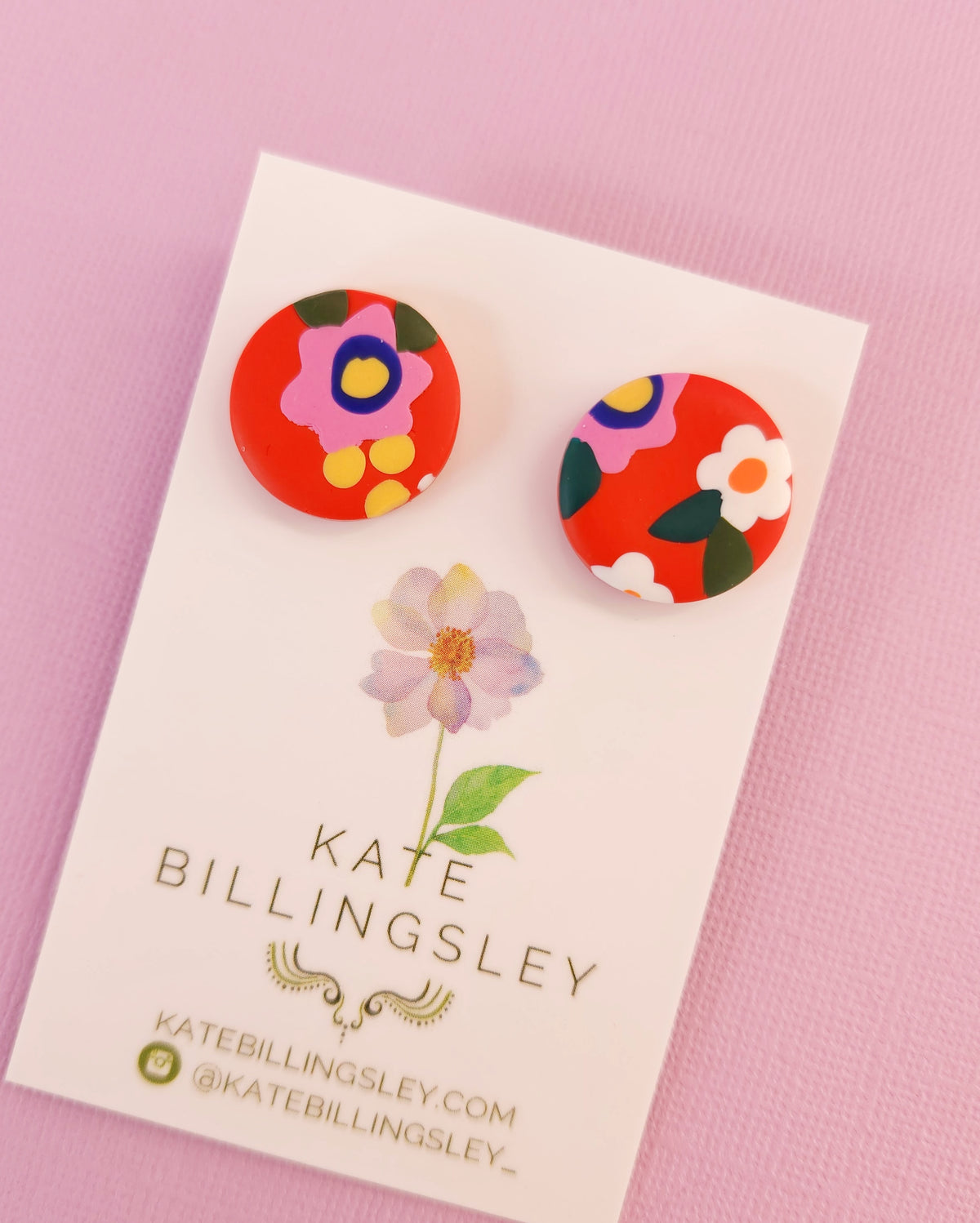 It's a Vibe Red Floral Circle Studs - Polymer Clay