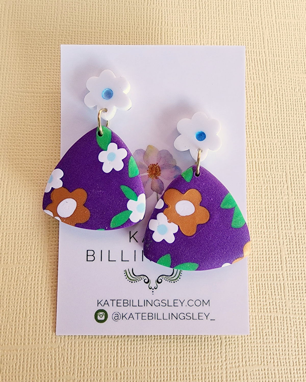 Signature Floral Purple Reuleaux Small Designer Dangles - Polymer Clay