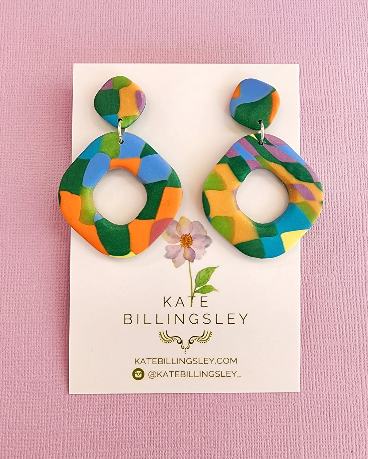 Patchwork Quilt Rounded Diamond Cutout Large Designer Dangles - Polymer Clay