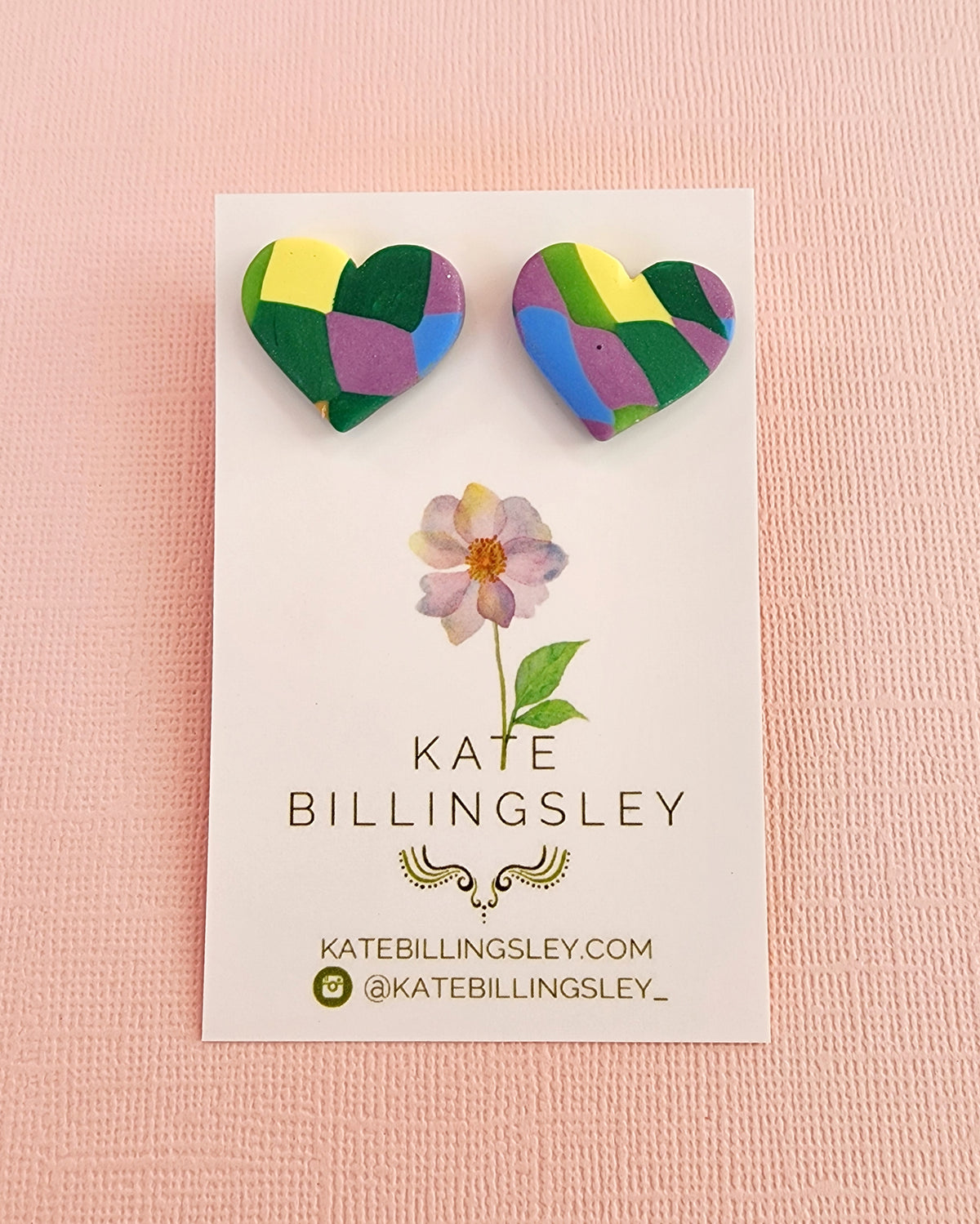 Patchwork Quilt 2 Heart Studs - Polymer Clay