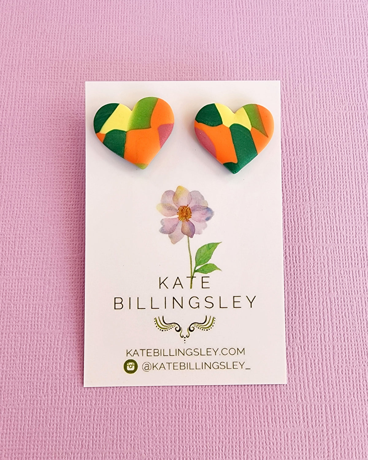 Patchwork Quilt 1 Heart Studs - Polymer Clay