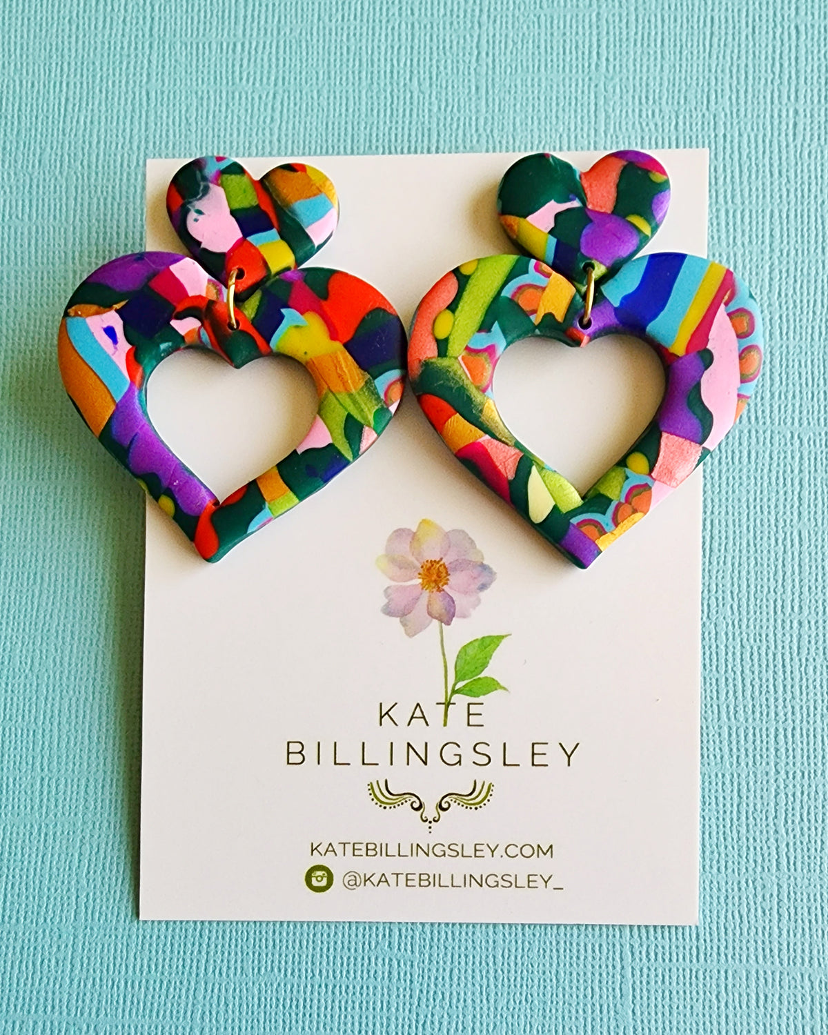 Green Multicolour Large Heart Cutout Designer Dangles - Polymer Clay
