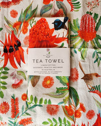 Cotton/Linen Tea Towel - Superb Fairy Wren with Sturt's Desert Pea, Waratah and other Australian Florals