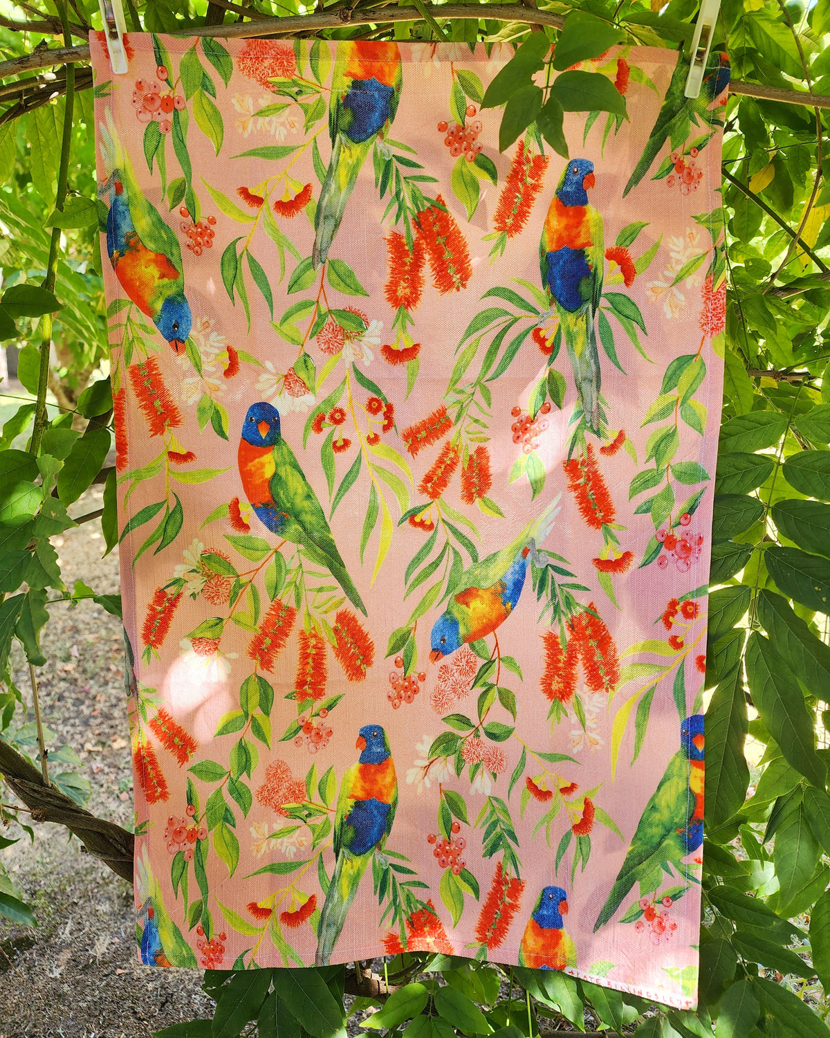 Linen/Cotton Tea Towel - Rainbow Lorikeets and Lilly Pillies