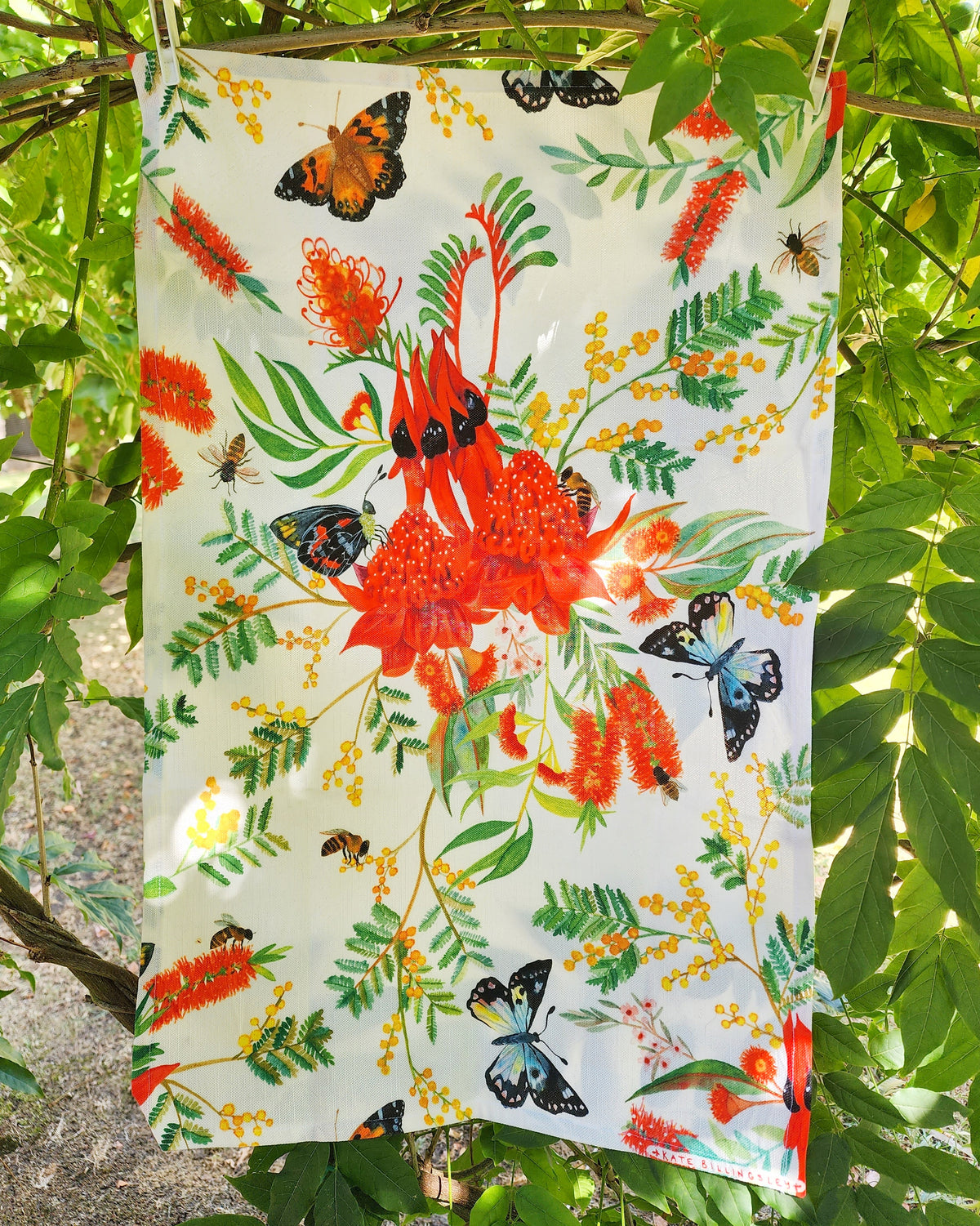 Cotton/Linen Tea Towel - Butterflies and Bees in Australian Wildflower Bouquet