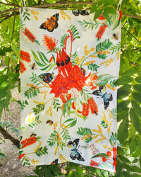 Cotton/Linen Tea Towel - Butterflies and Bees in Australian Wildflower Bouquet