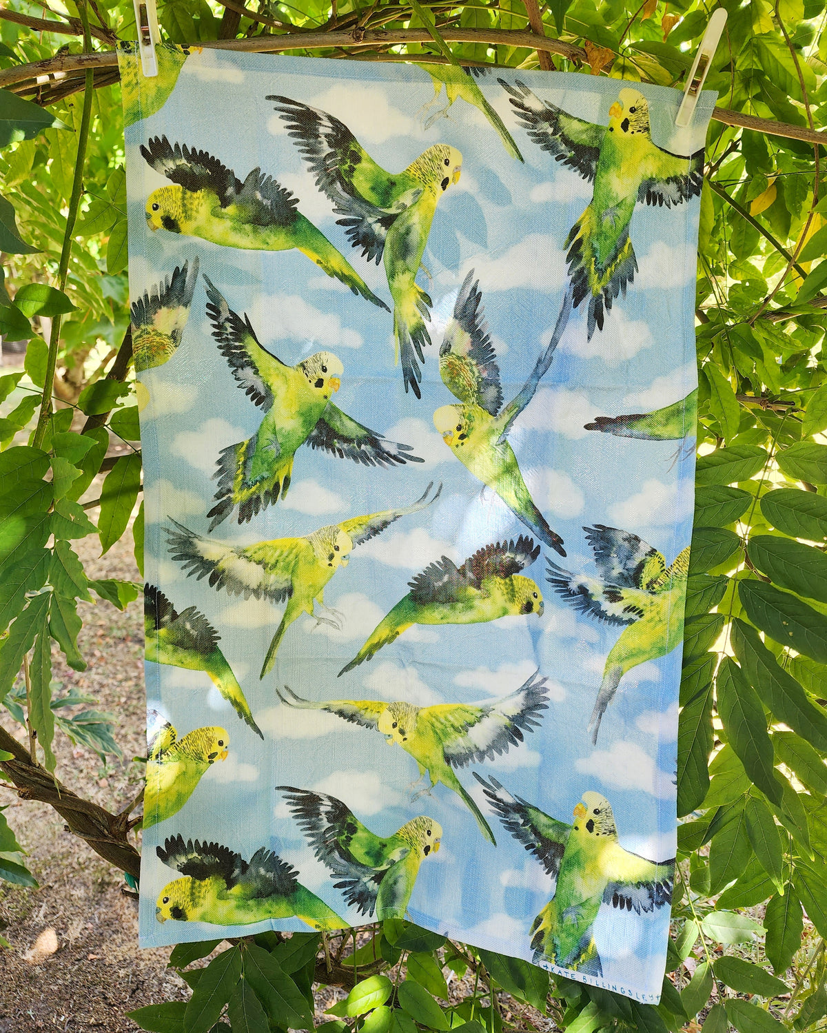 Linen/Cotton Tea Towel - Budgies in flight