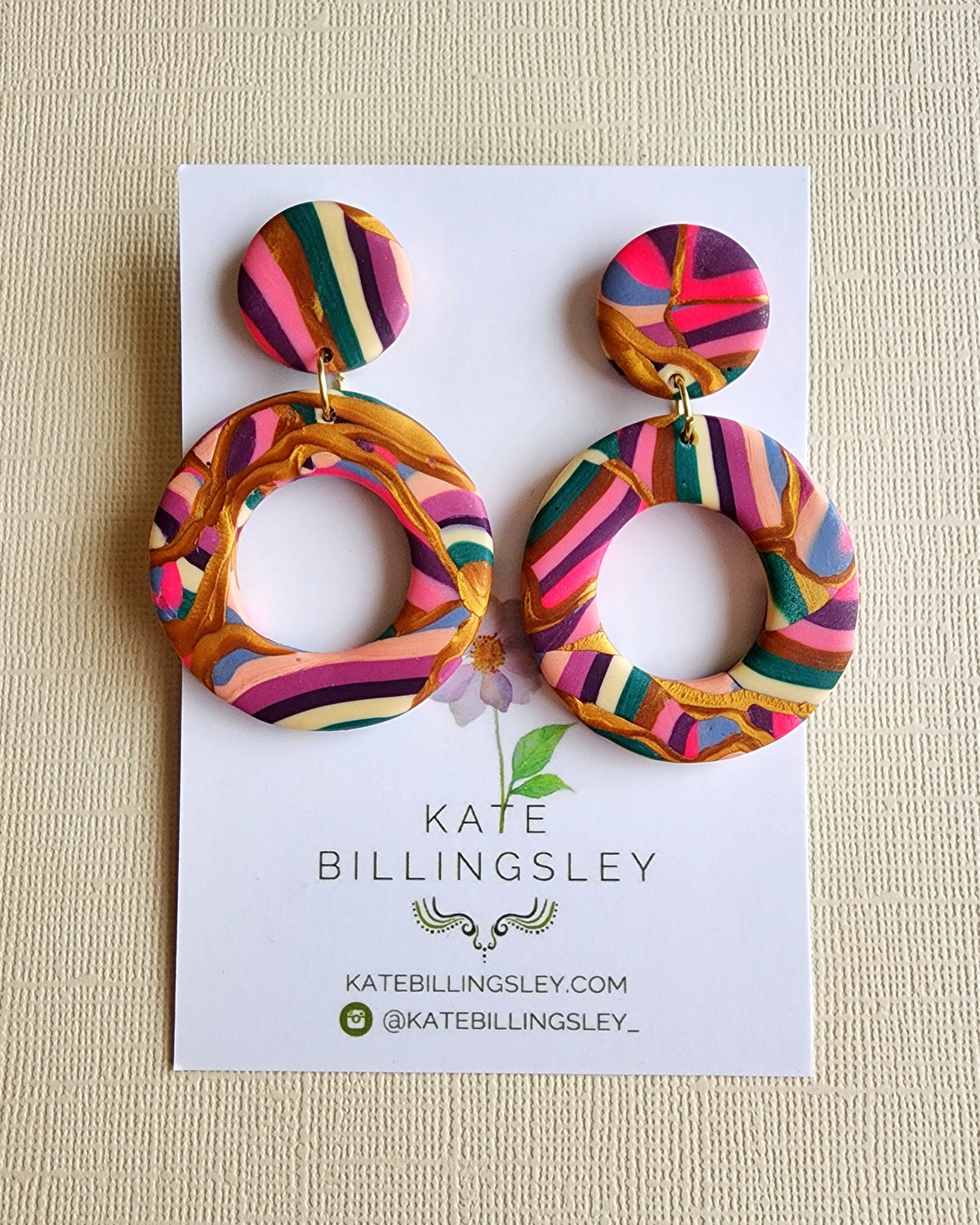 Striped Satin Circle Cutout Designer Dangles - Polymer Clay