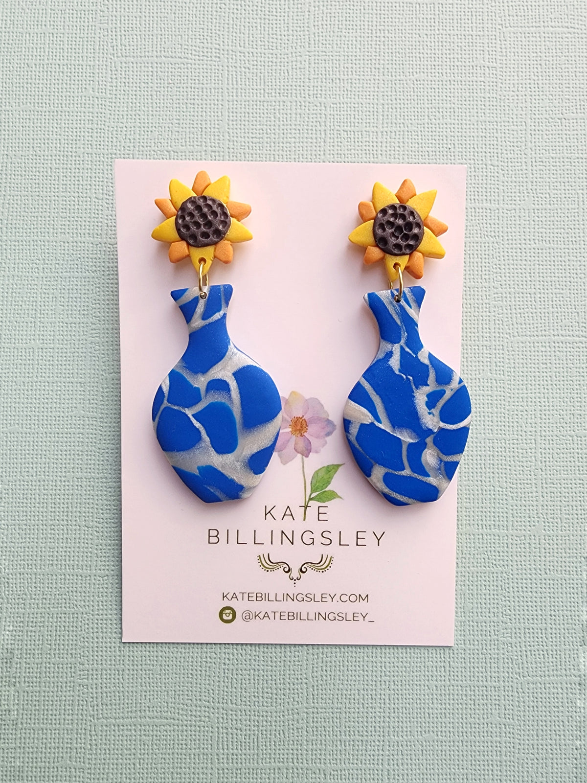 Sunflower Blue Vase Large Designer Dangles - Polymer Clay
