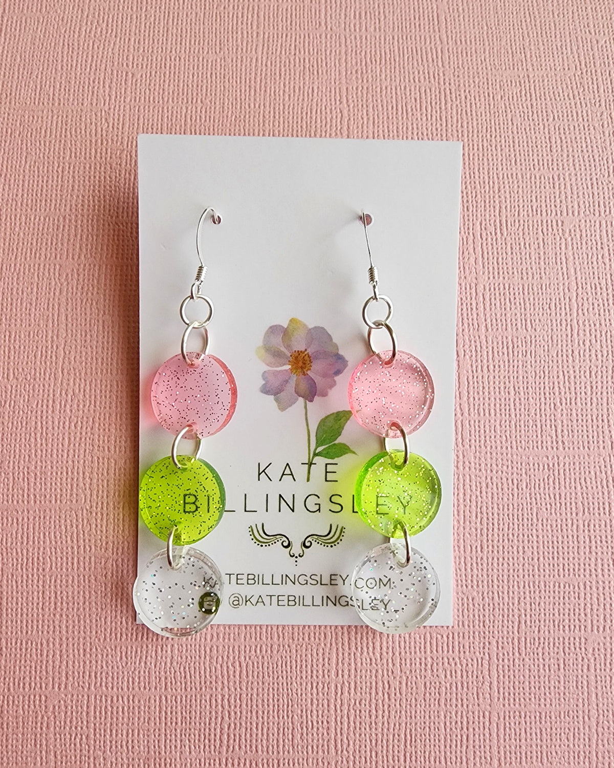Pink and Green Glitter Triple Small Designer Dangles - acrylic