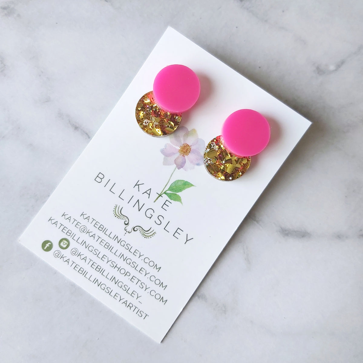 Venn Drop Studs - Hot Pink over Gold Party Mix Glitter