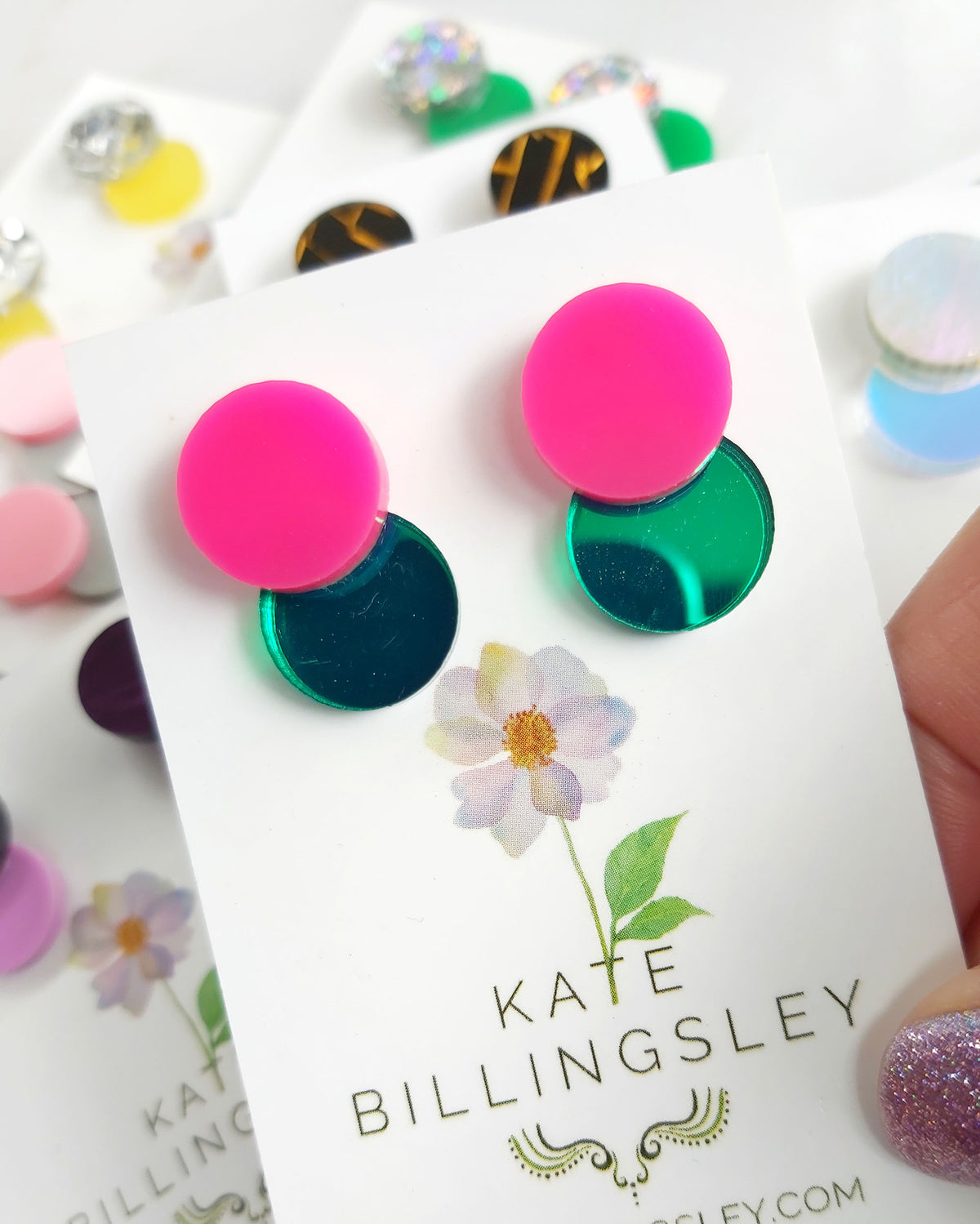 Venn Drop Studs - Hot Pink over Mirror Green