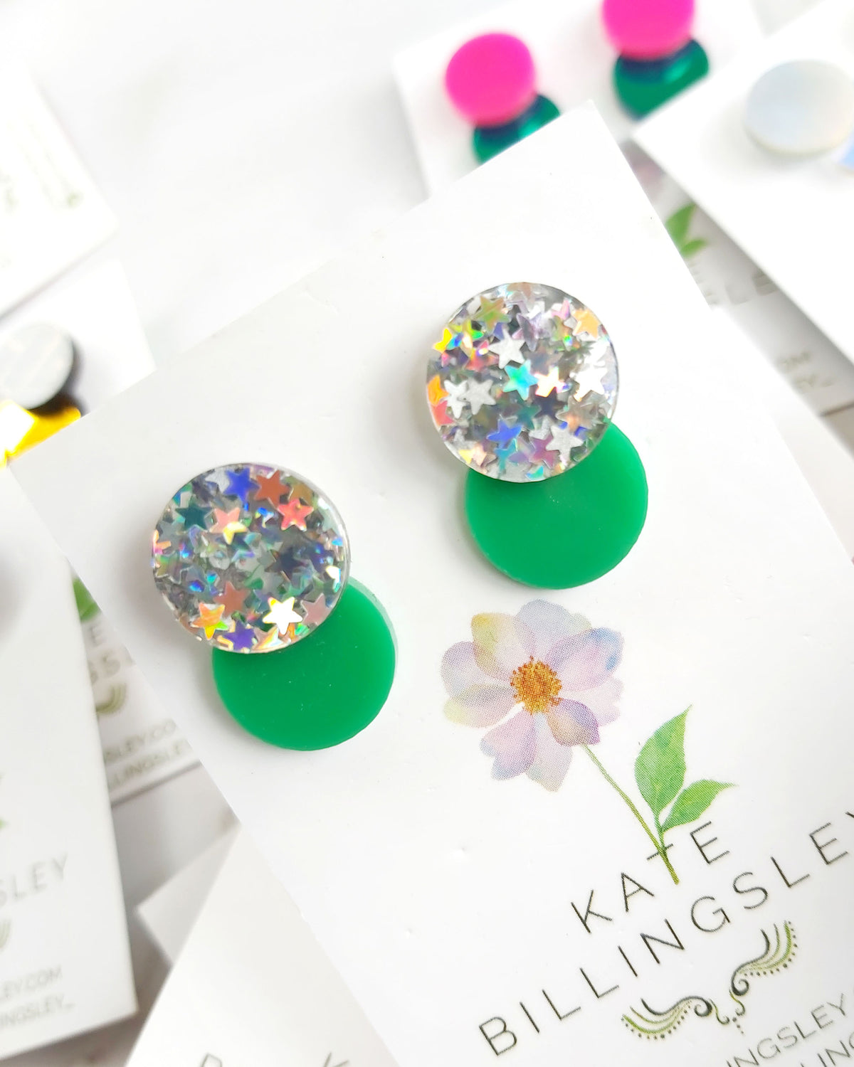 Venn Drop Studs - Holo Glitter Stars over Green