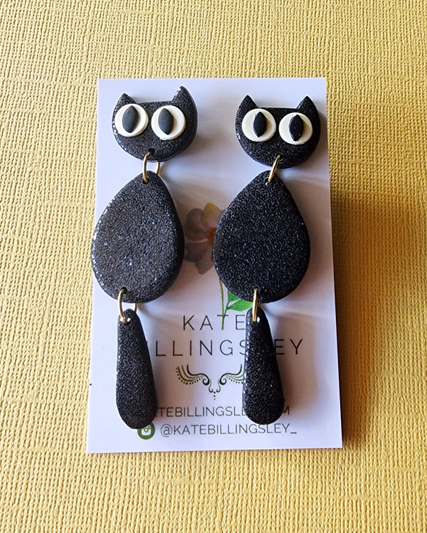 Black Glitter Cat Medium Designer Dangles - Polymer Clay