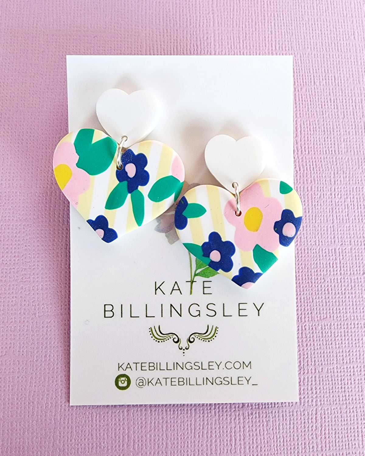 Floral Stripe Heart Small Designer Dangles - Polymer Clay