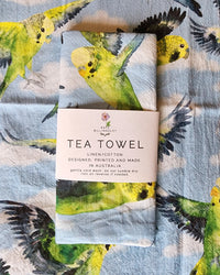 Linen/Cotton Tea Towel - Budgies in flight