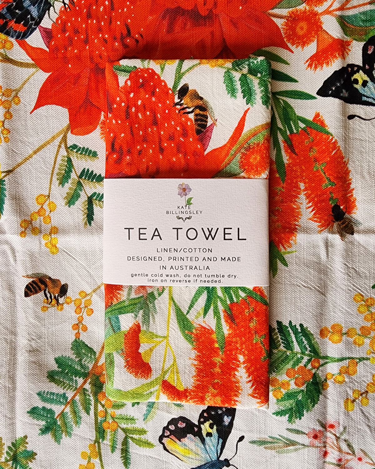 Linen/Cotton Tea Towel - Butterflies and Bees in Australian Wildflower Bouquet