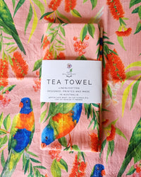Linen/Cotton Tea Towel - Rainbow Lorikeets and Lilly Pillies