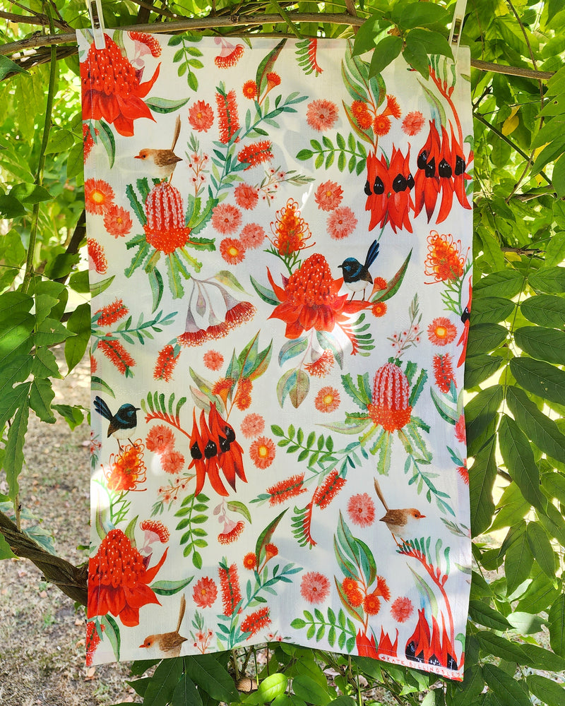 Linen/Cotton Tea Towel - Superb Fairy Wren with Sturt's Desert Pea, Waratah and other Australian Florals