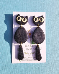 Black Glitter Cat Medium Designer Dangles - Polymer Clay