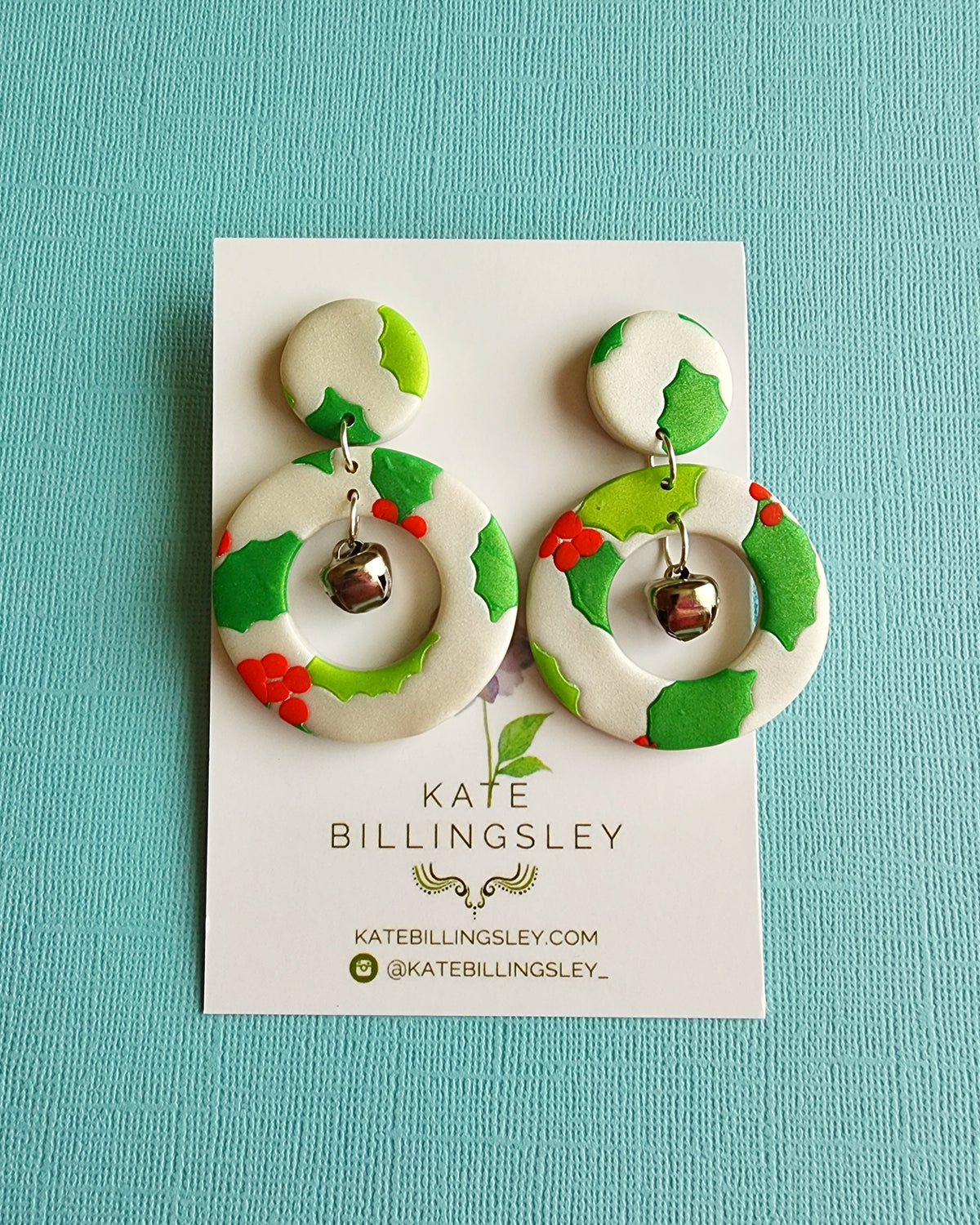 Holly Jolly Jingle Bells Large Designer Dangles - Polymer Clay