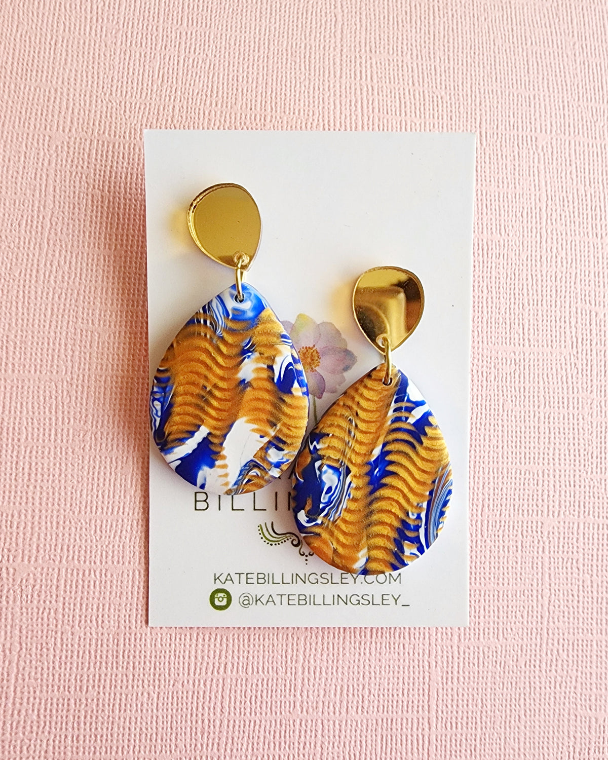 Blue Gold Ripple Medium Teardrop Designer Dangles - Polymer Clay