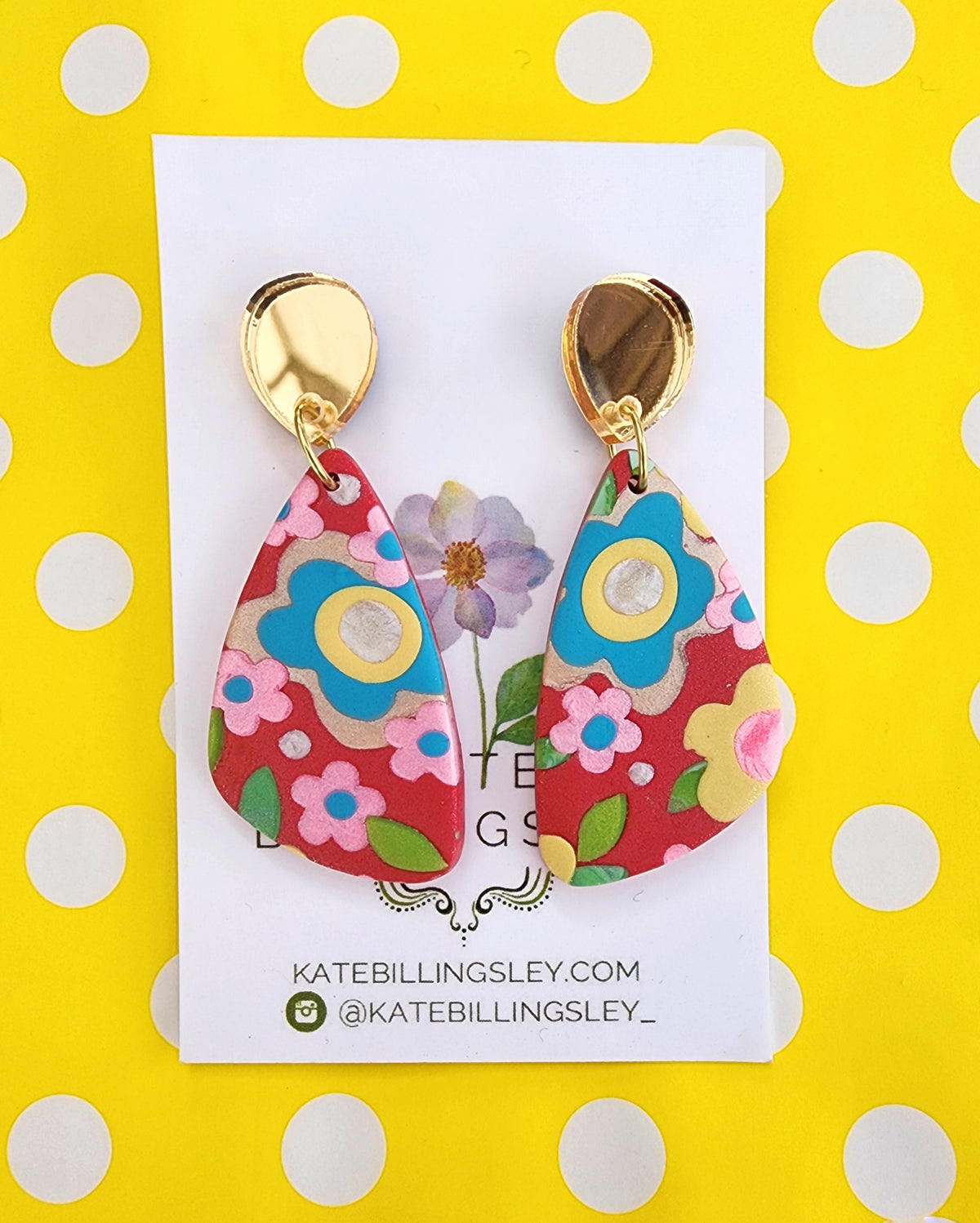 Red Chinoiserie Wedge Medium Designer Dangles - Polymer Clay