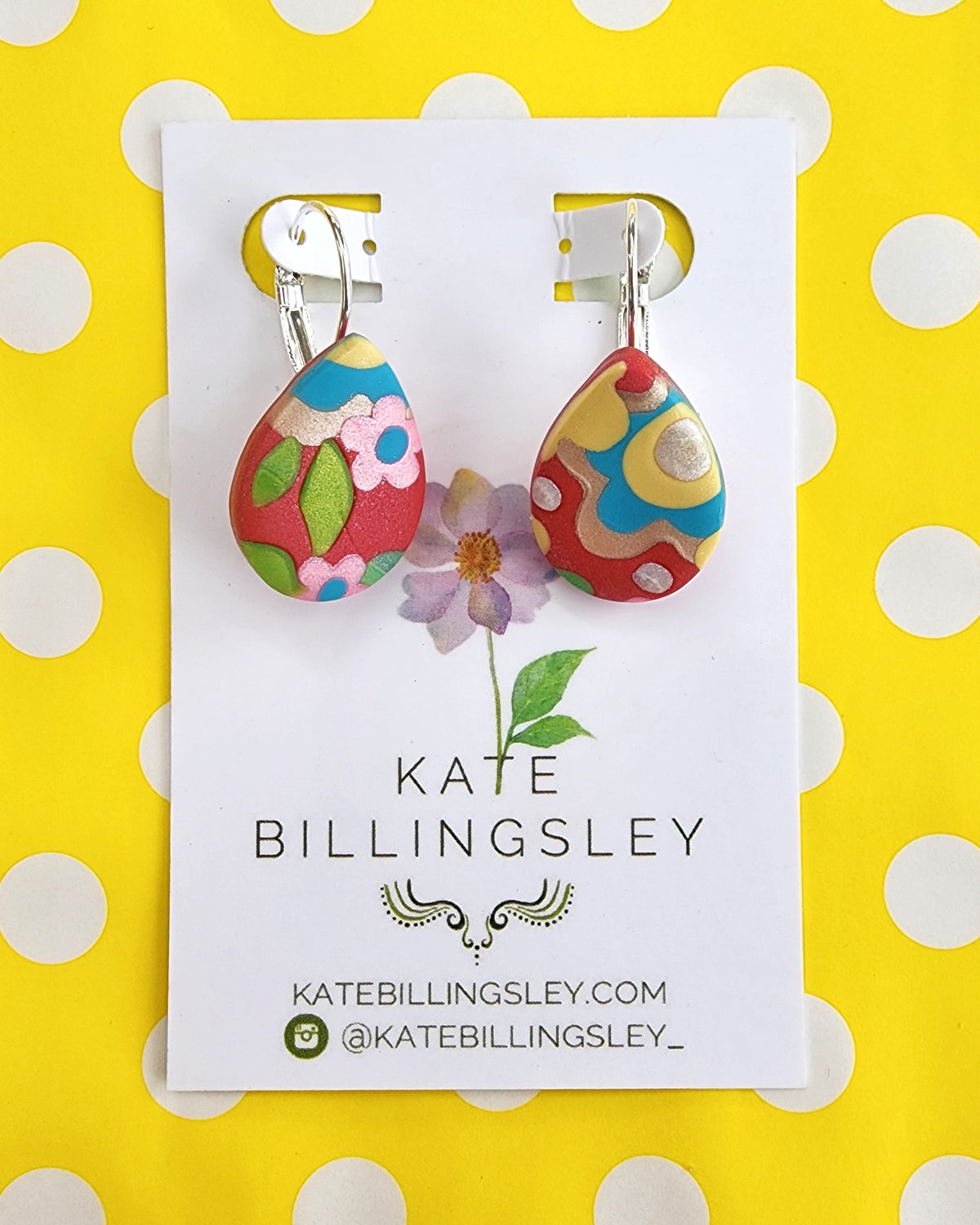 Red Chinoiserie small statement leverback earrings - Polymer Clay