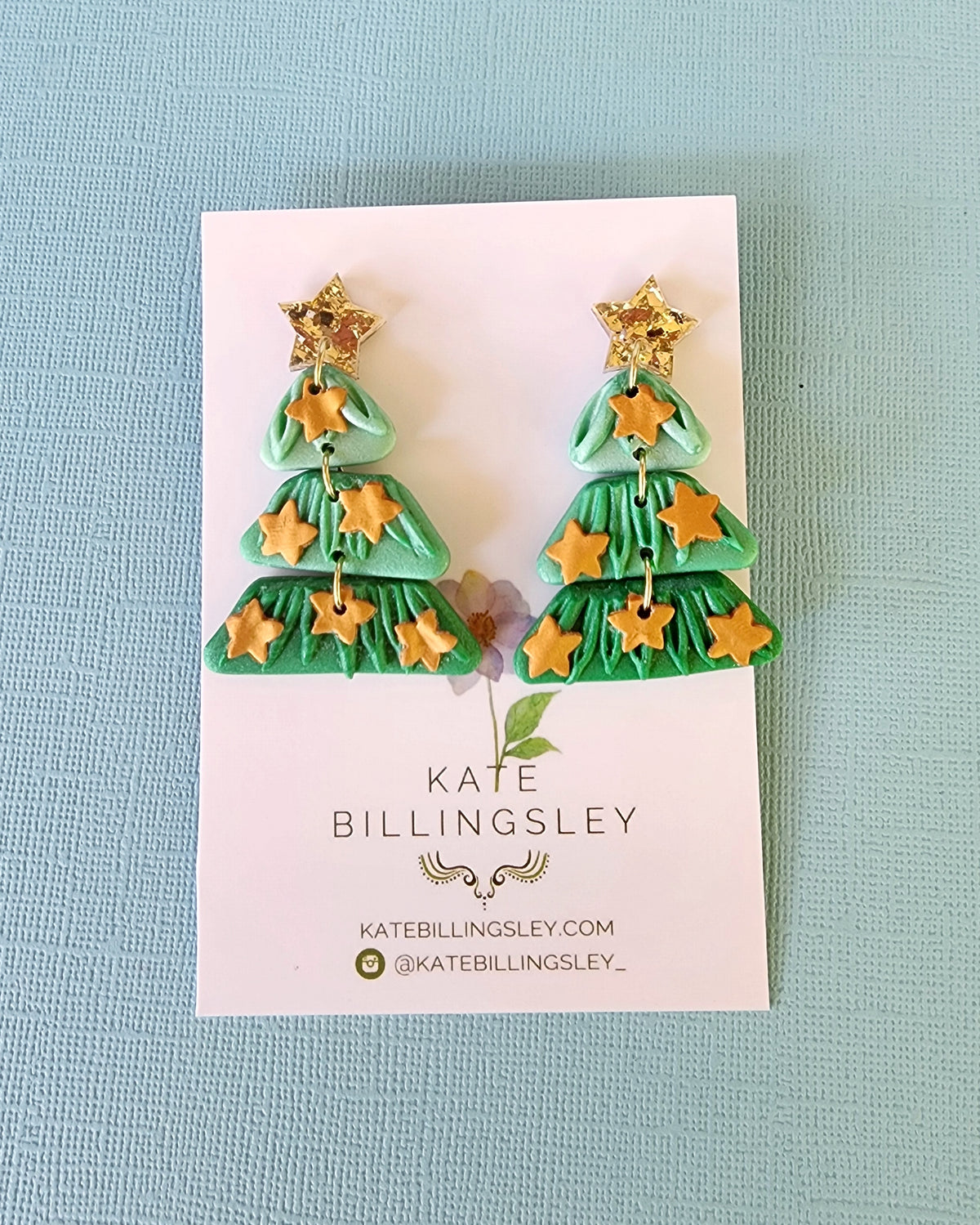 Christmas Tree Green with Gold Stars Designer Dangles - Polymer Clay