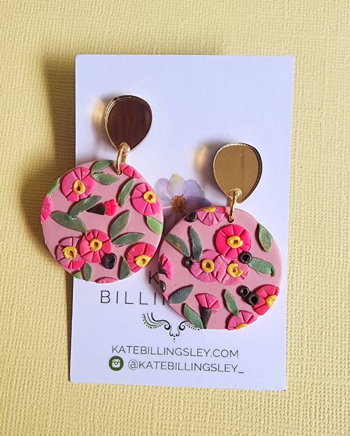 Pink Gum Blossom Pattern Statement Small Circle Earrings - Polymer Clay