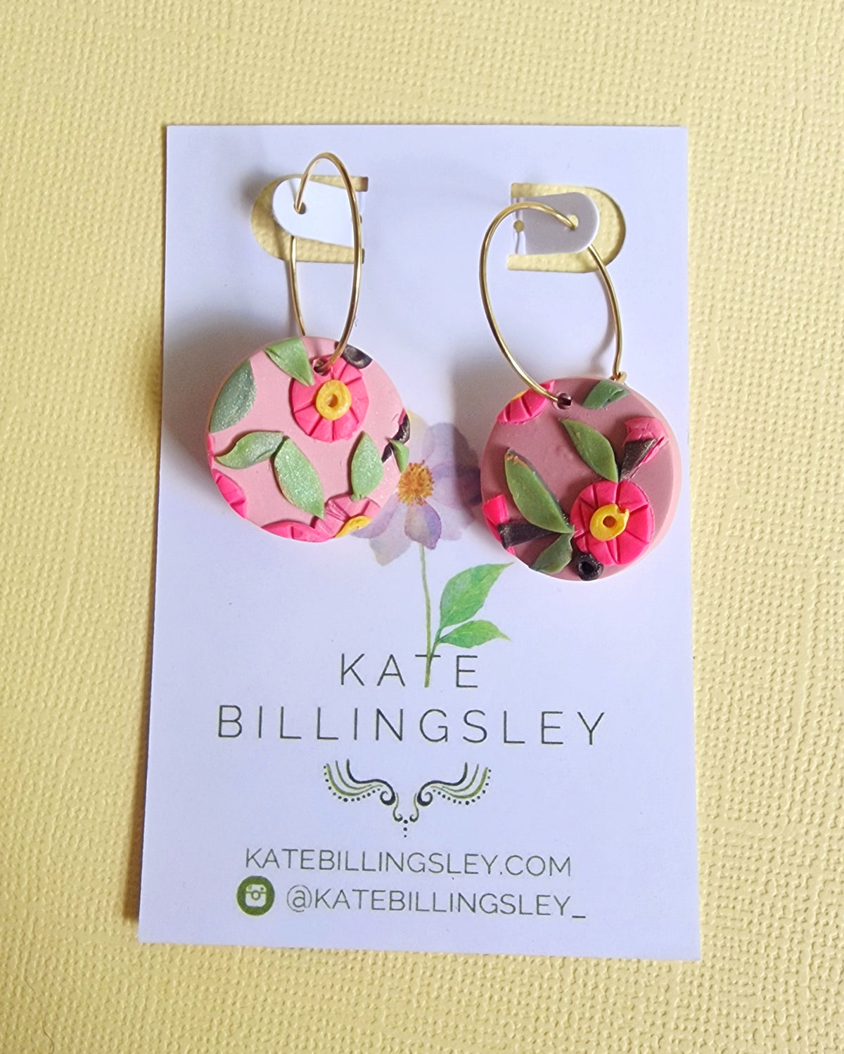 Pink Gum Blossom Pattern Statement Mini Circle Hoops - Polymer Clay