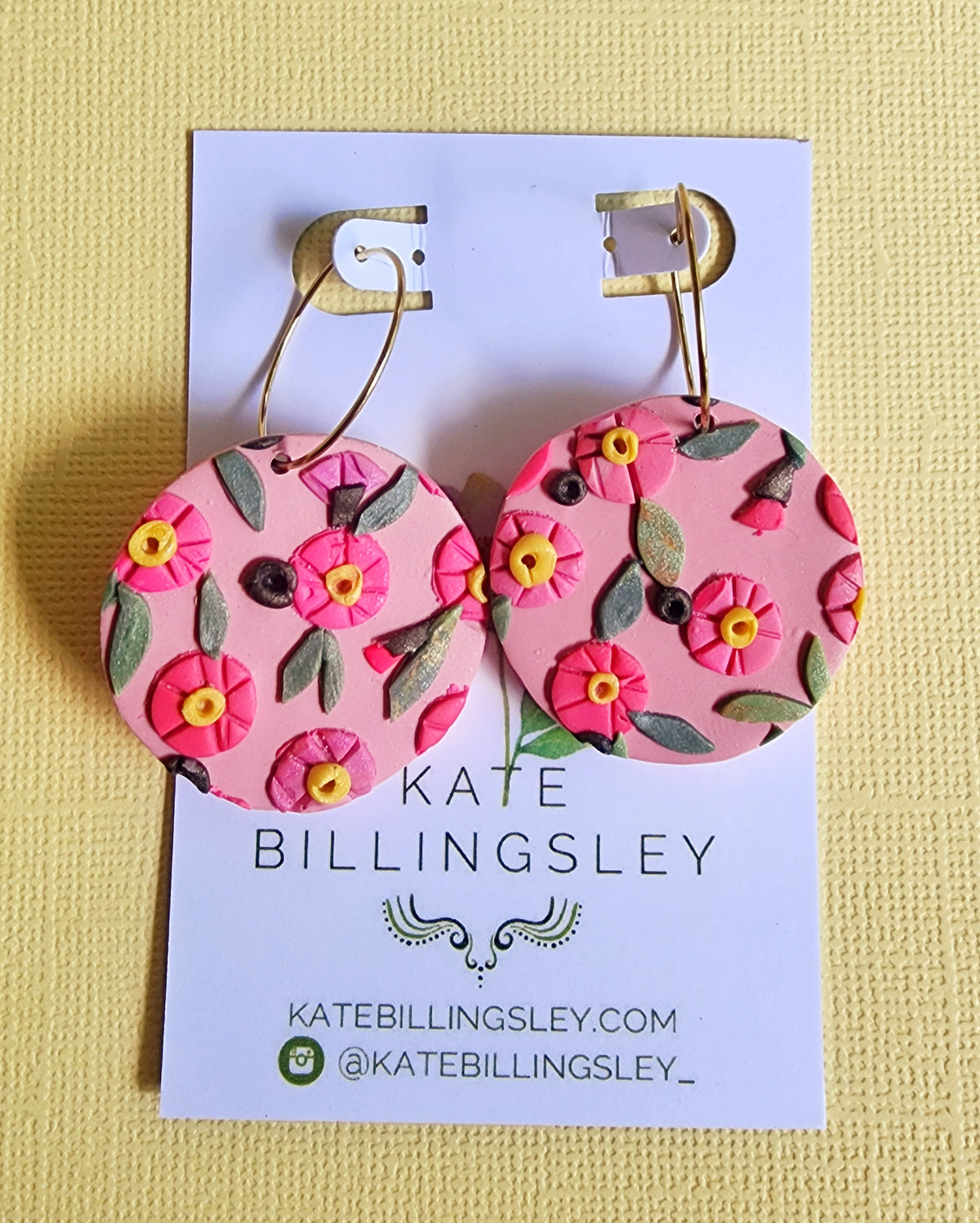 Pink Gum Blossom Pattern Statement Small Circle Hoops - Polymer Clay