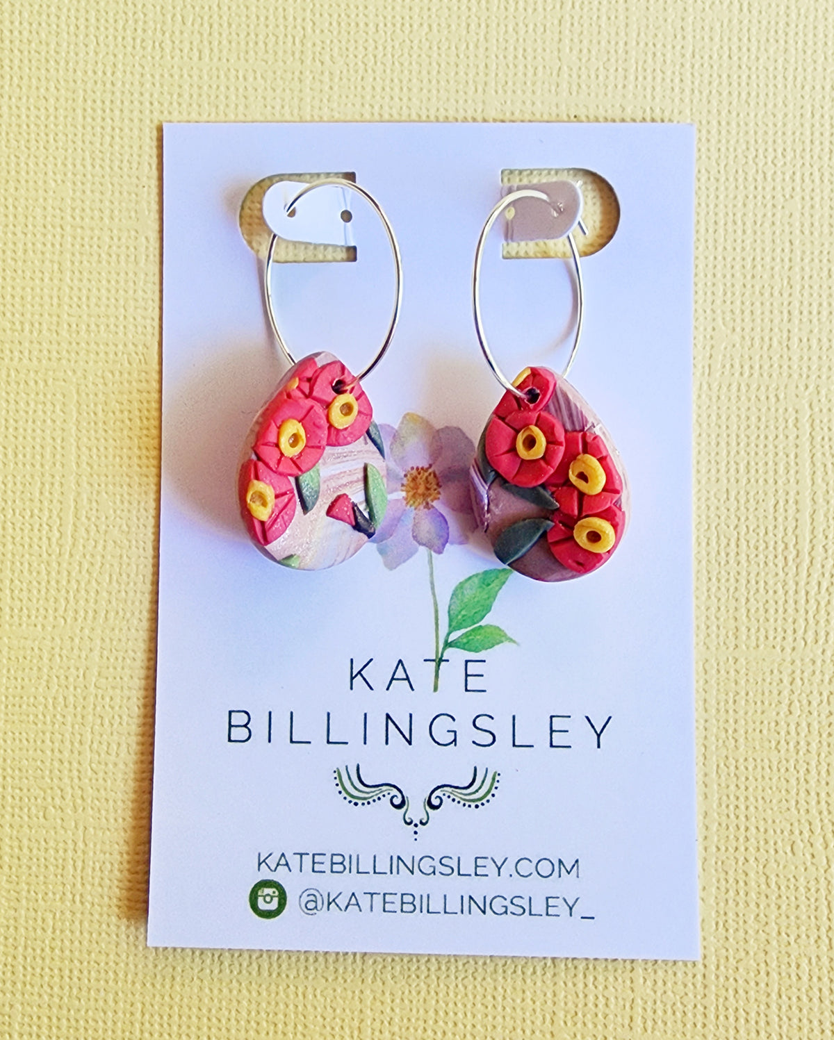 Red Gum Blossom Pattern Statement Mini Teardrop Hoops - Polymer Clay