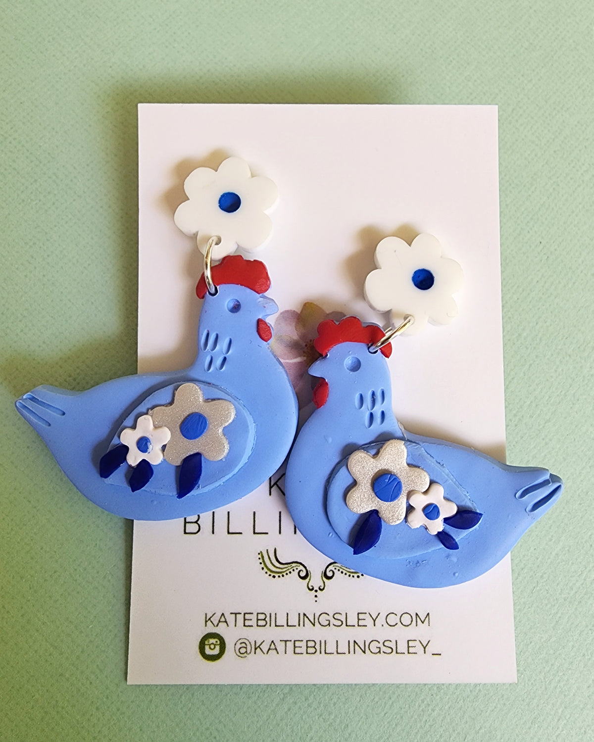 Wedgewood Blue Chicken Statement Medium Earrings - Polymer Clay