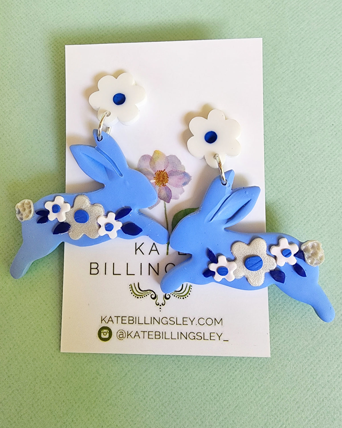 Wedgewood Blue Leaping Bunny Statement Medium Earrings - Polymer Clay