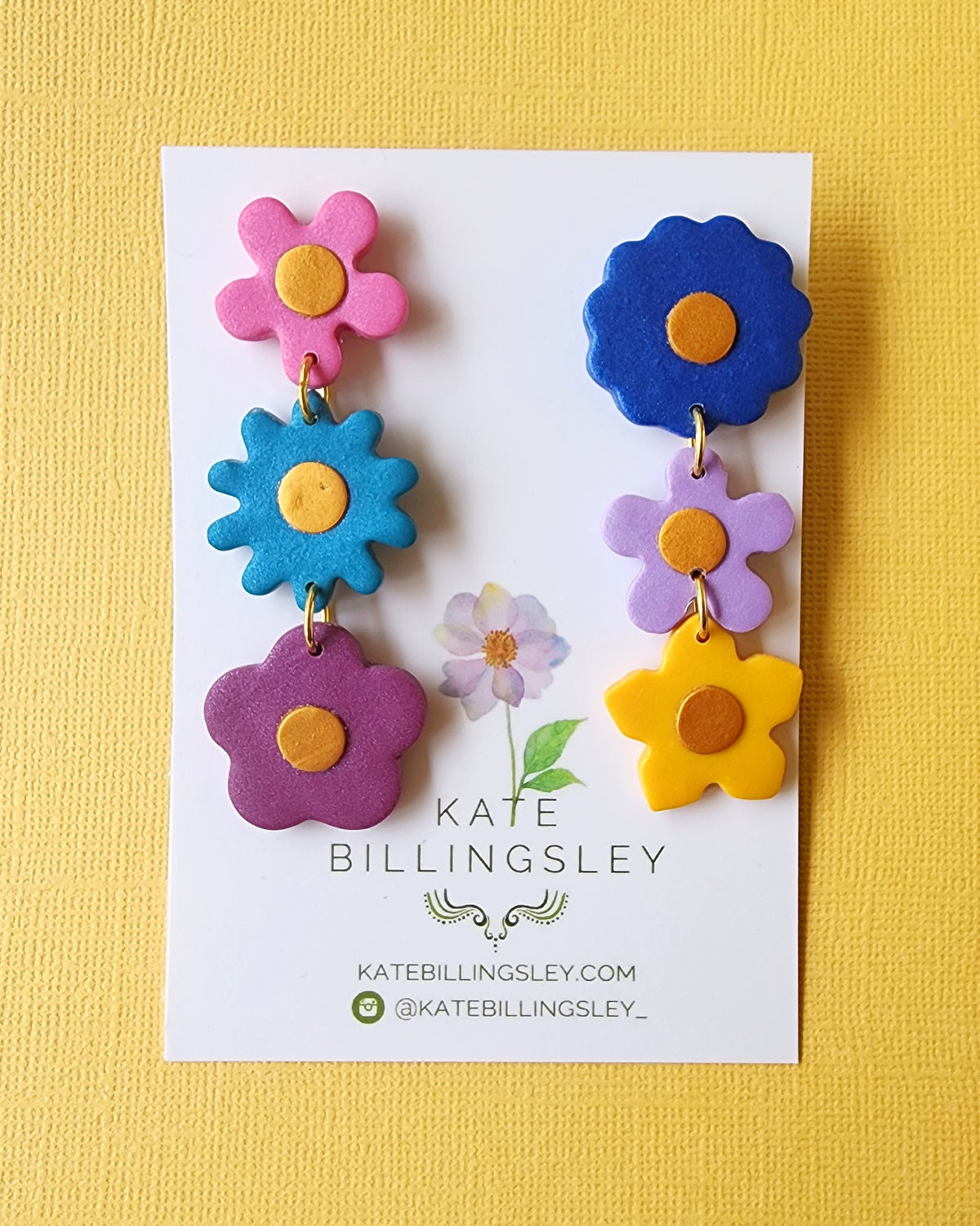 Triple Flower Asymmetrical Large Designer Dangles - Polymer Clay