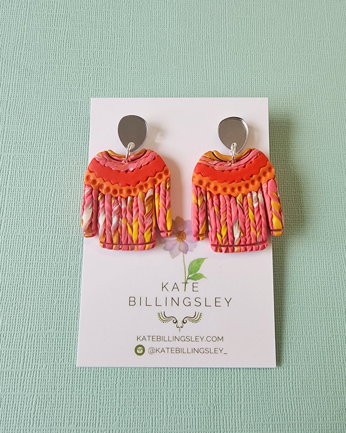 Fair Isle Sweater Coral Statement Large Earrings - Polymer Clay