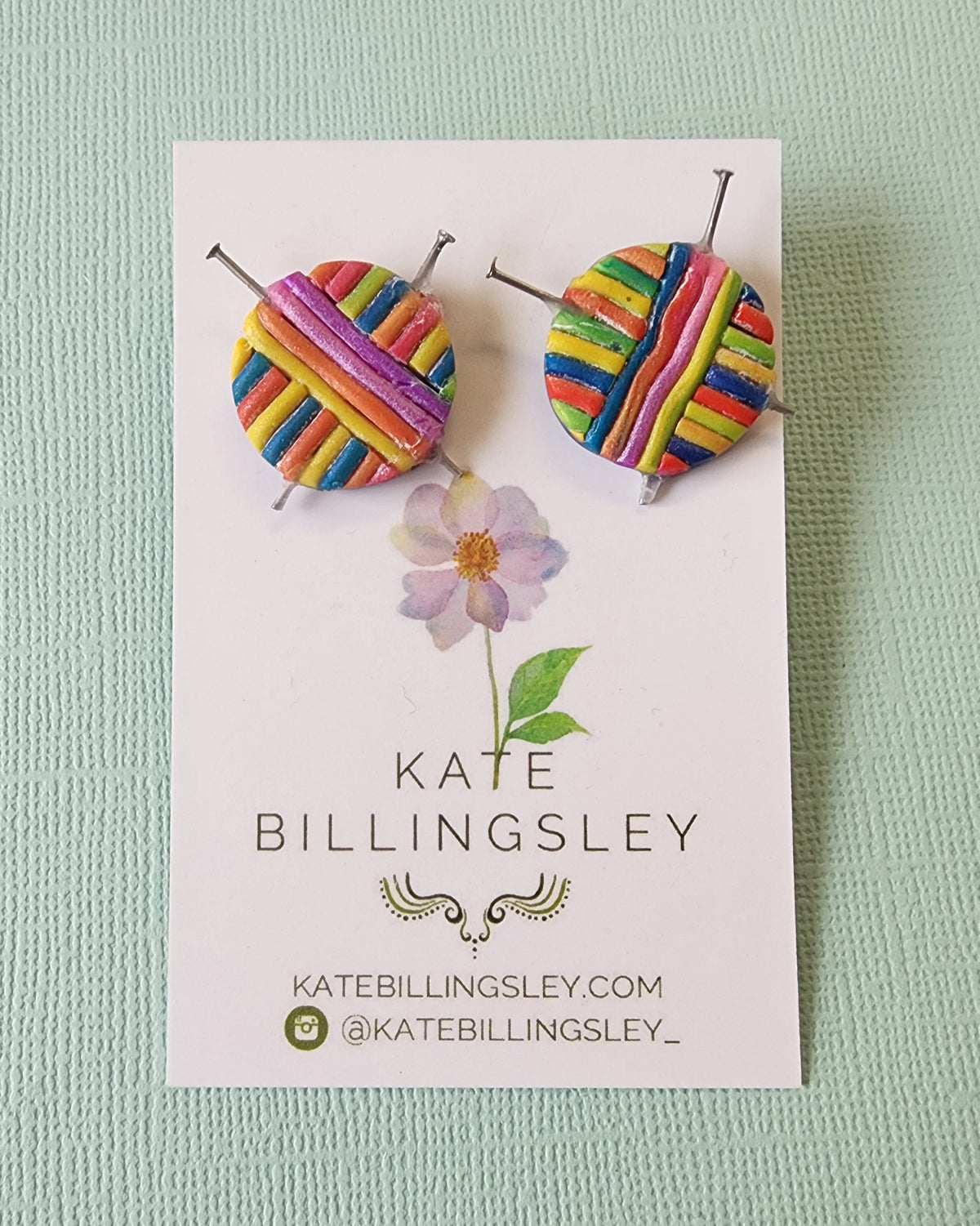 Rainbow Knitting Yarn Ball Statement Stud Earrings - Polymer Clay