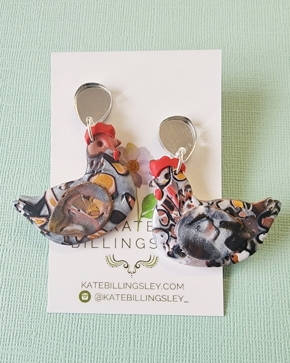 Chicken Black Silver Statement Medium Earrings - Polymer Clay