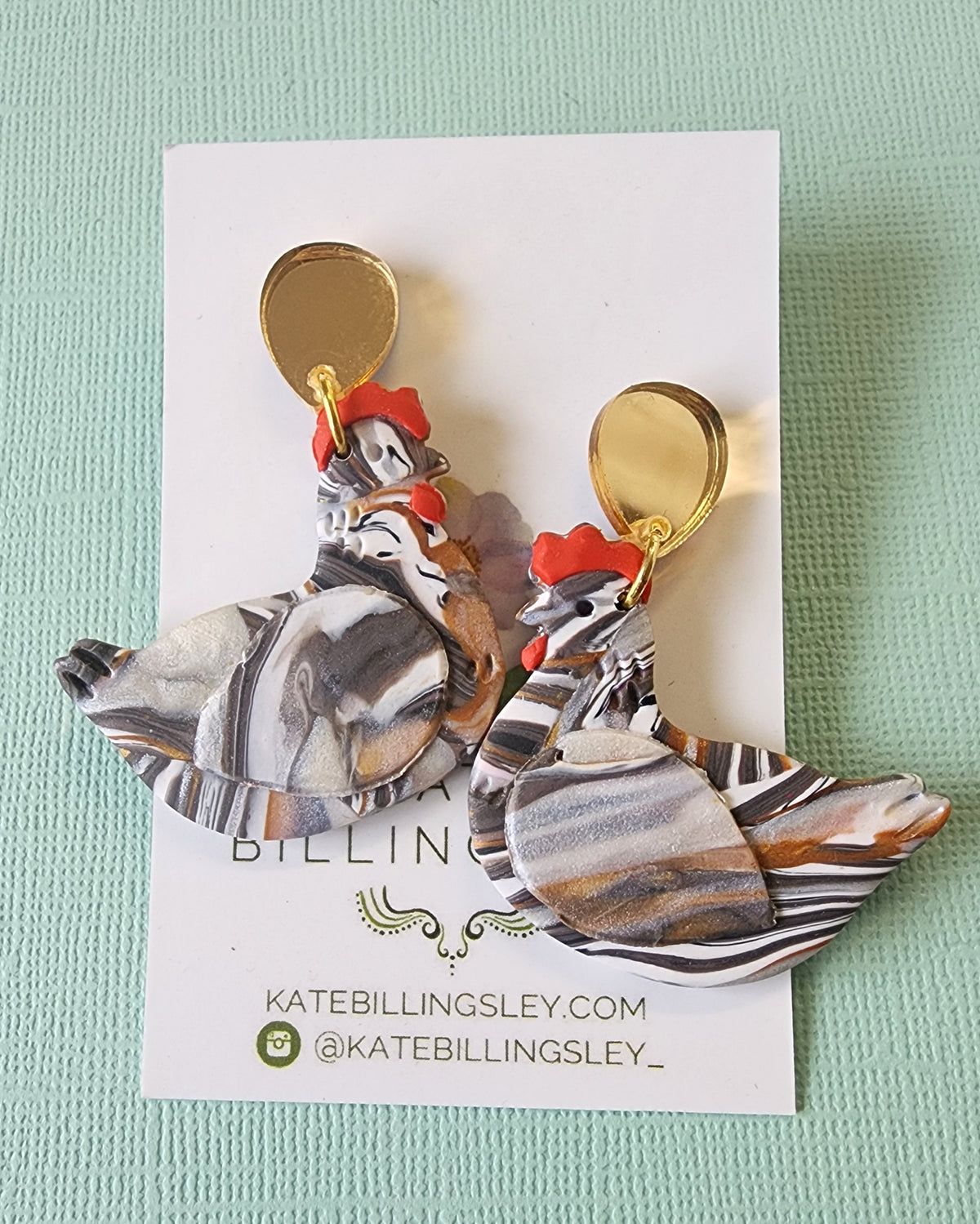 Chicken Black White Stripe Statement Medium Earrings - Polymer Clay
