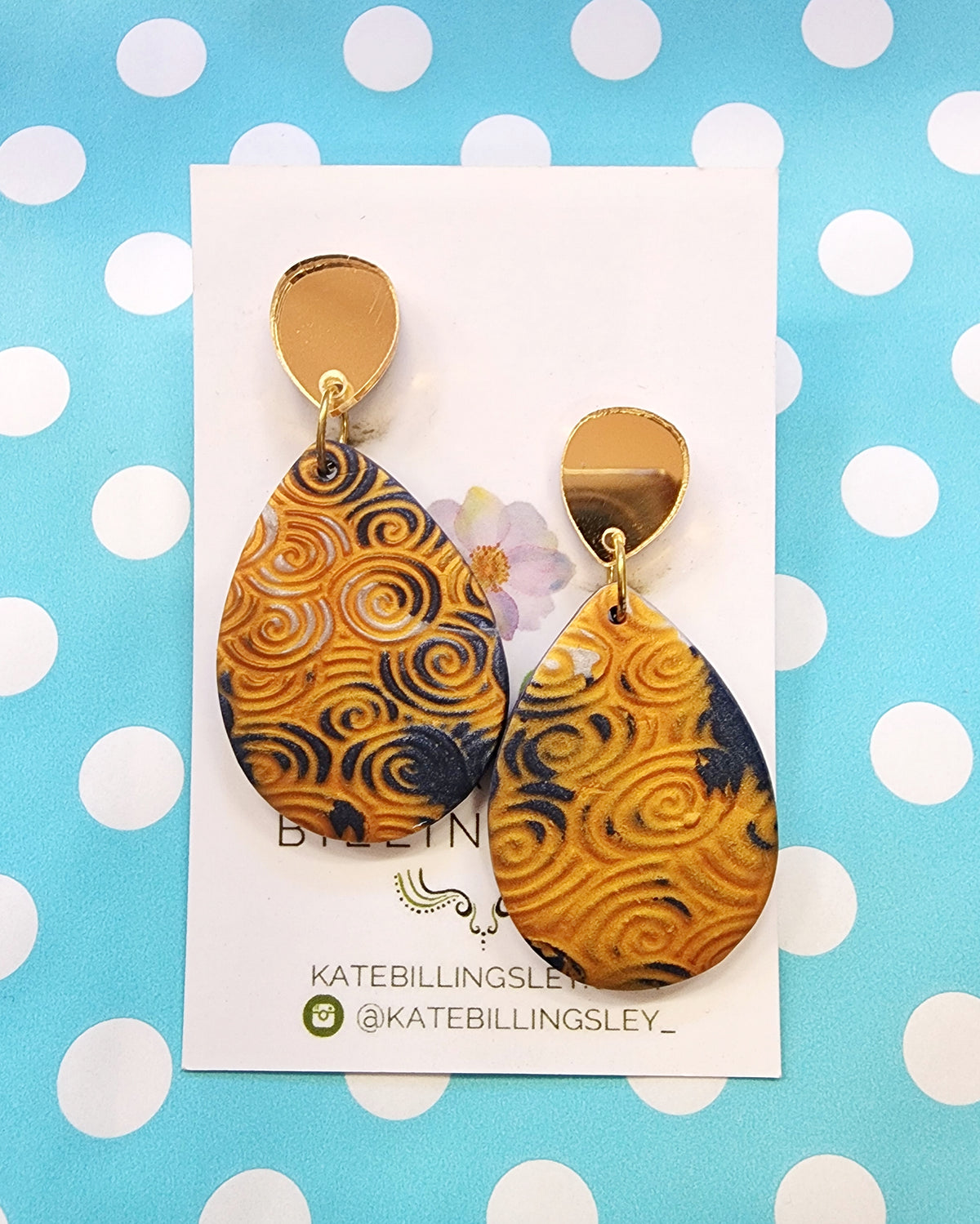 Navy Gold Ripple Teardrop Medium Designer Dangles - Polymer Clay
