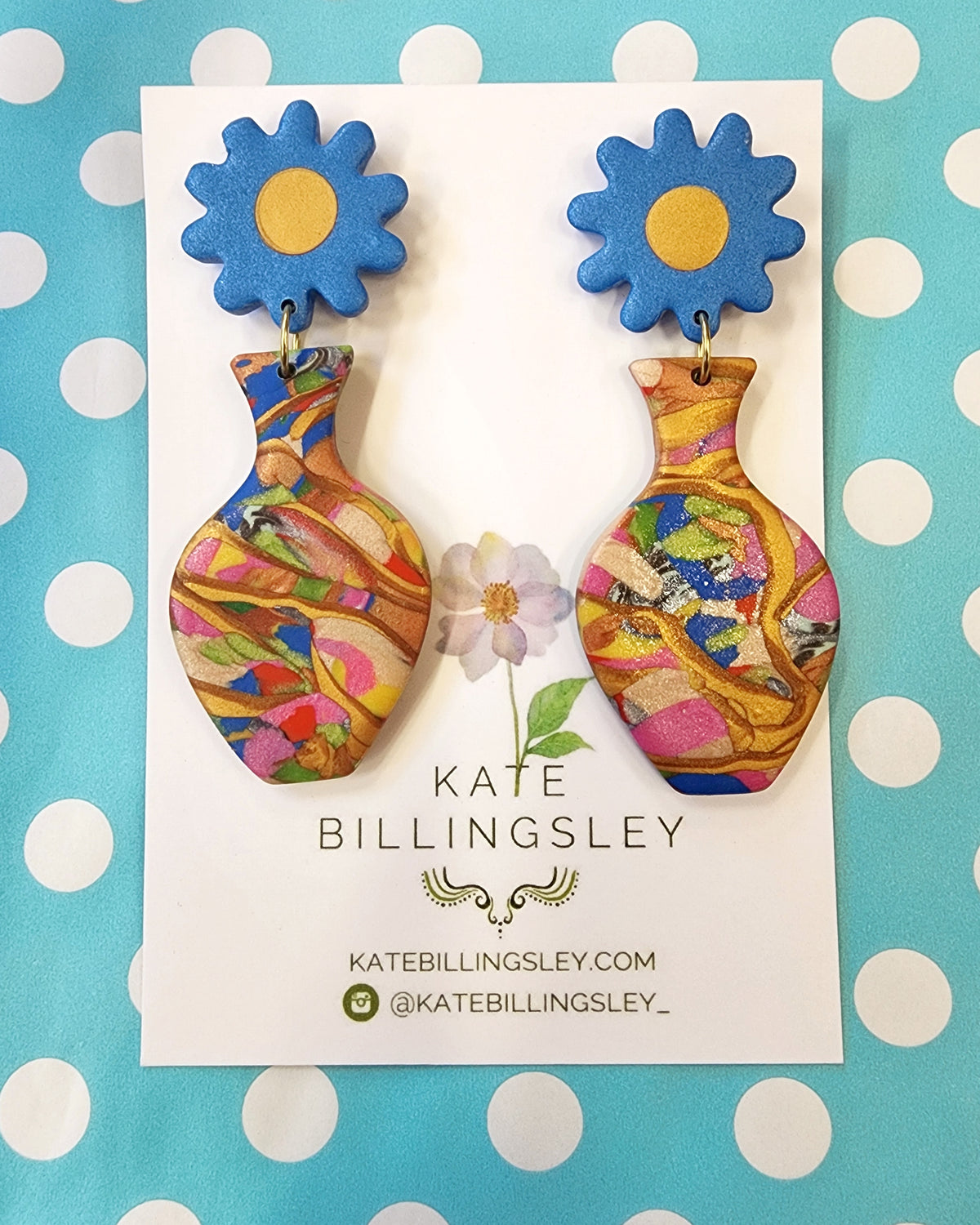 Blue Flower Vase Large Designer Dangles - Polymer Clay