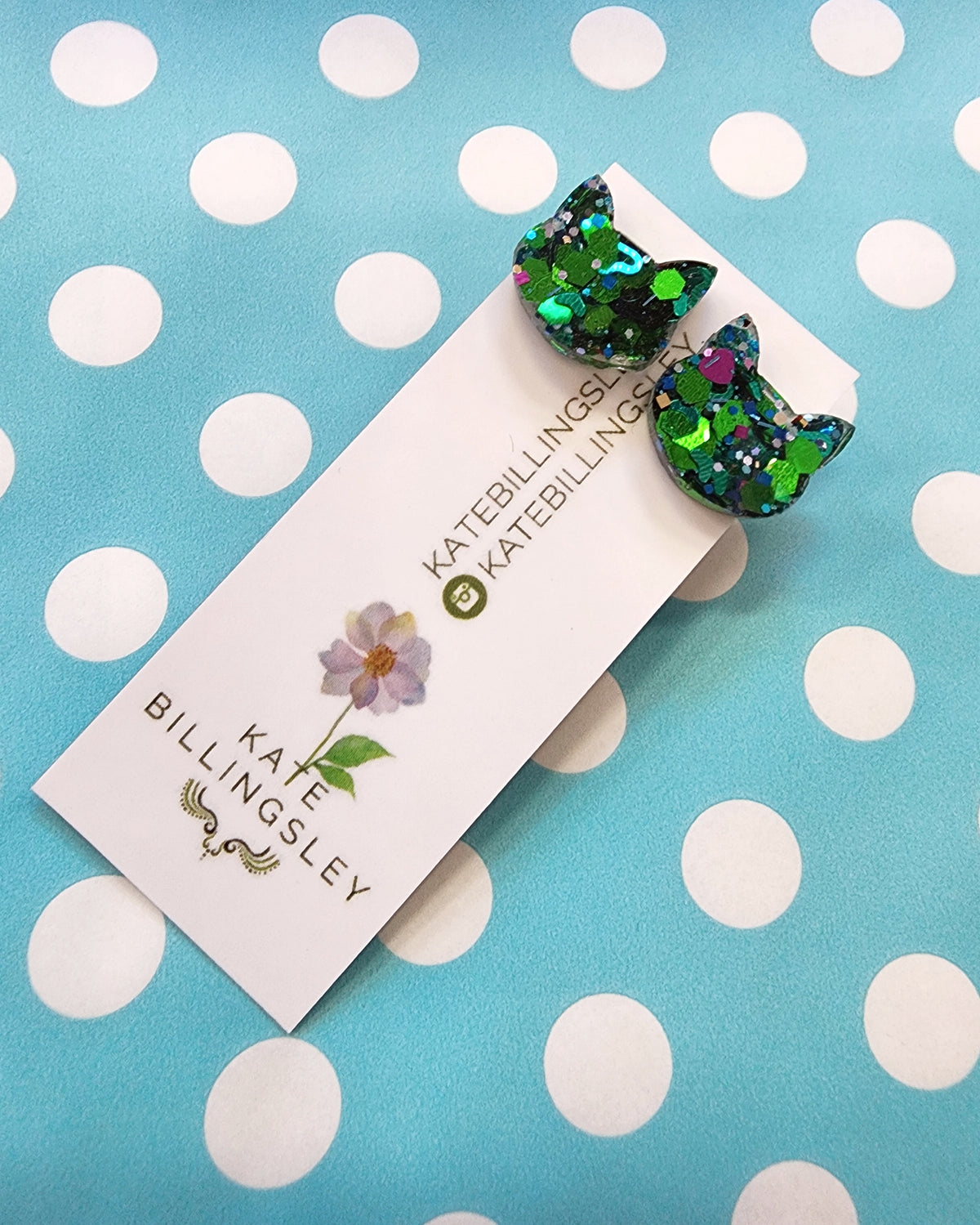 Green Blue Glitter Cat Studs