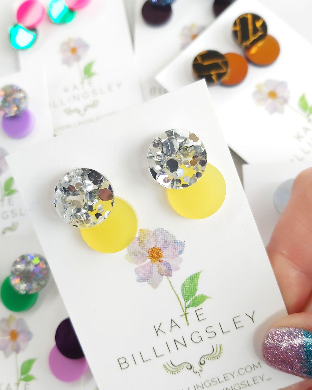 Venn Drop Studs - Hexie Silver Glitter over Frosted Yellow