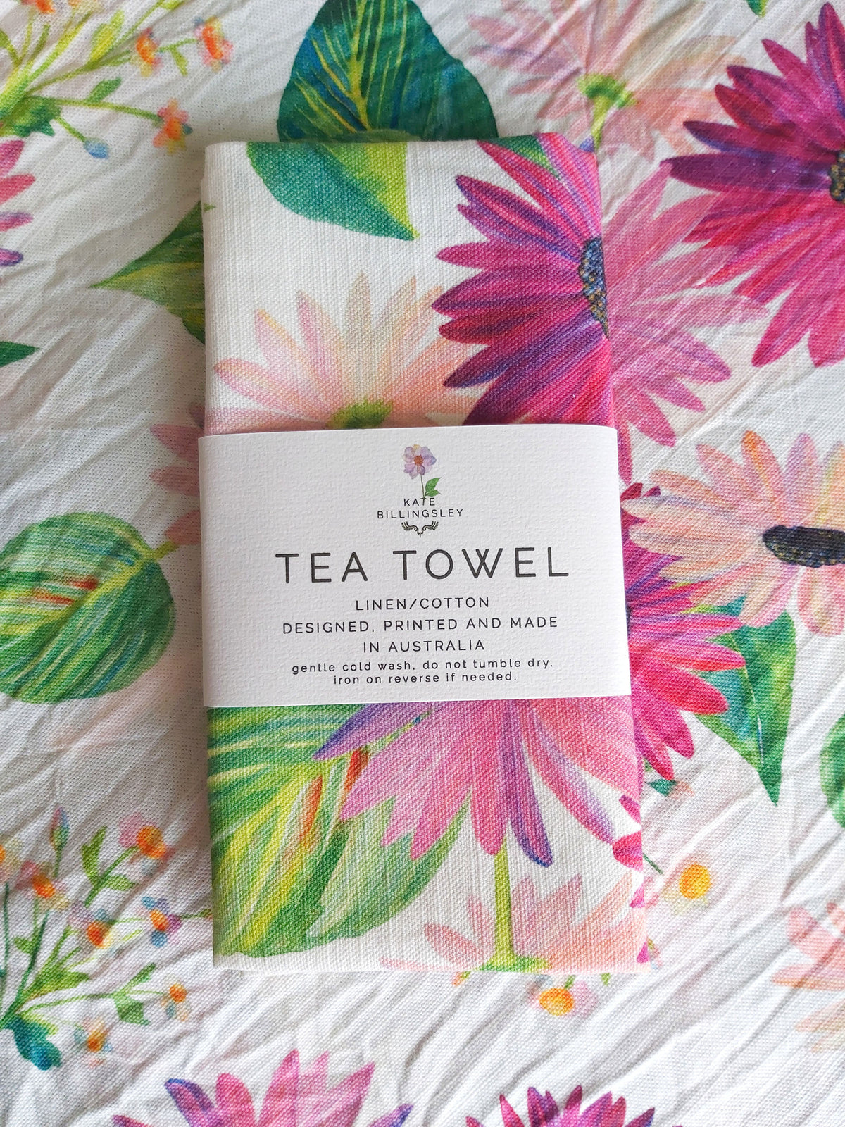 Linen/Cotton Tea Towel - Pink and Purple Gerberas